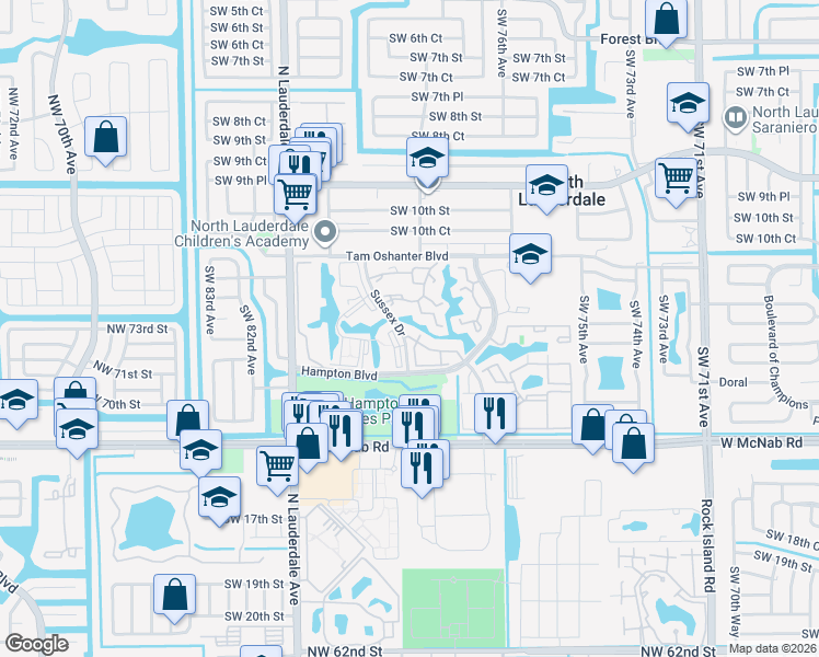 map of restaurants, bars, coffee shops, grocery stores, and more near 1298 Sussex Drive in North Lauderdale