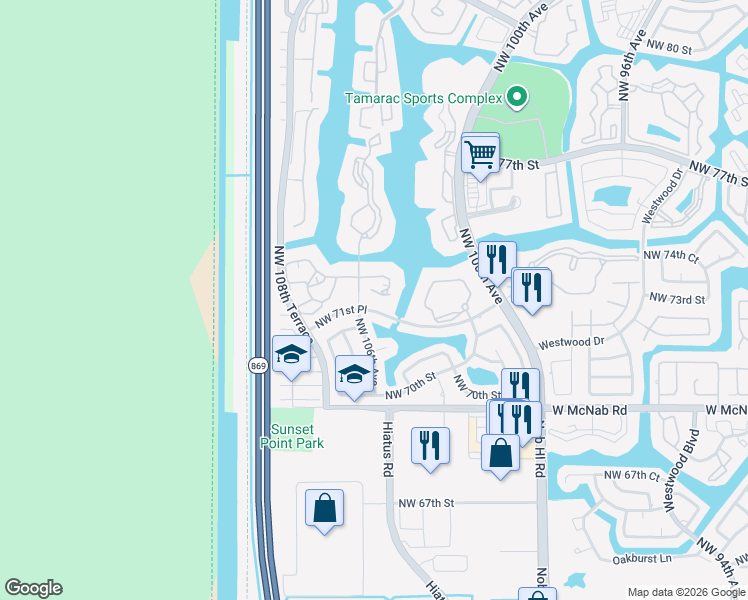 map of restaurants, bars, coffee shops, grocery stores, and more near 10429 East Clairmont Circle in Tamarac