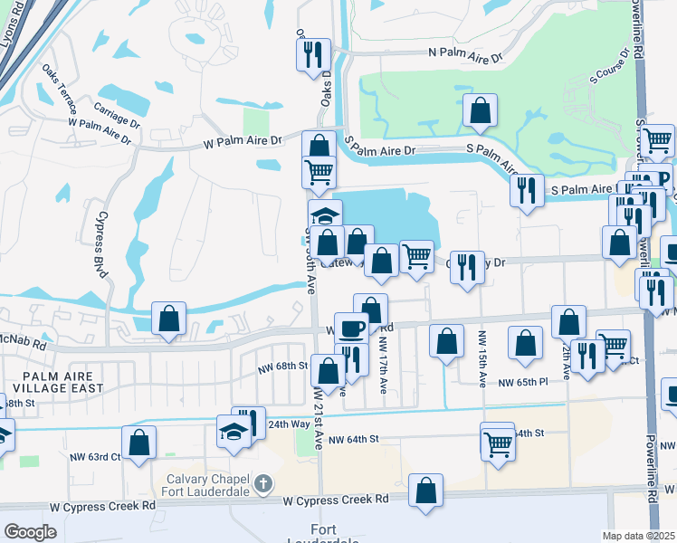 map of restaurants, bars, coffee shops, grocery stores, and more near 3500 Gateway Drive in Pompano Beach