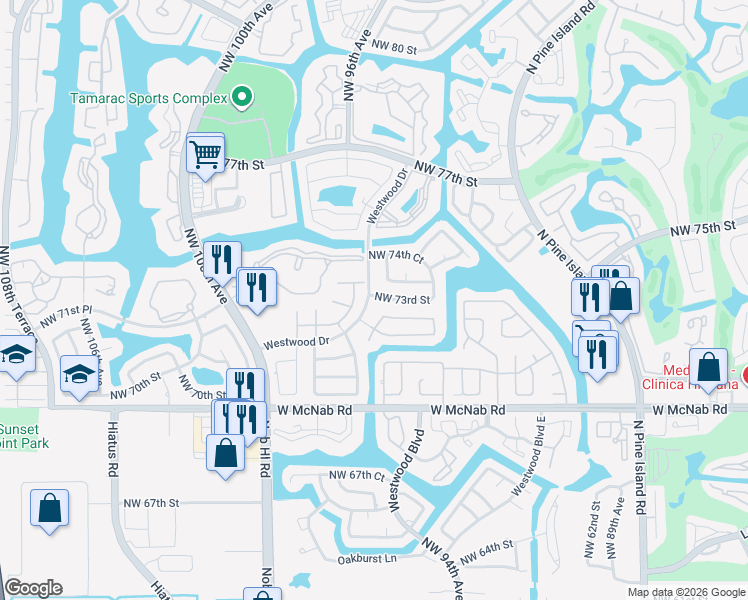 map of restaurants, bars, coffee shops, grocery stores, and more near 7208 Westwood Drive in Tamarac
