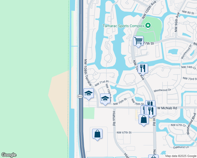 map of restaurants, bars, coffee shops, grocery stores, and more near 10715 West Clairmont Circle in Tamarac