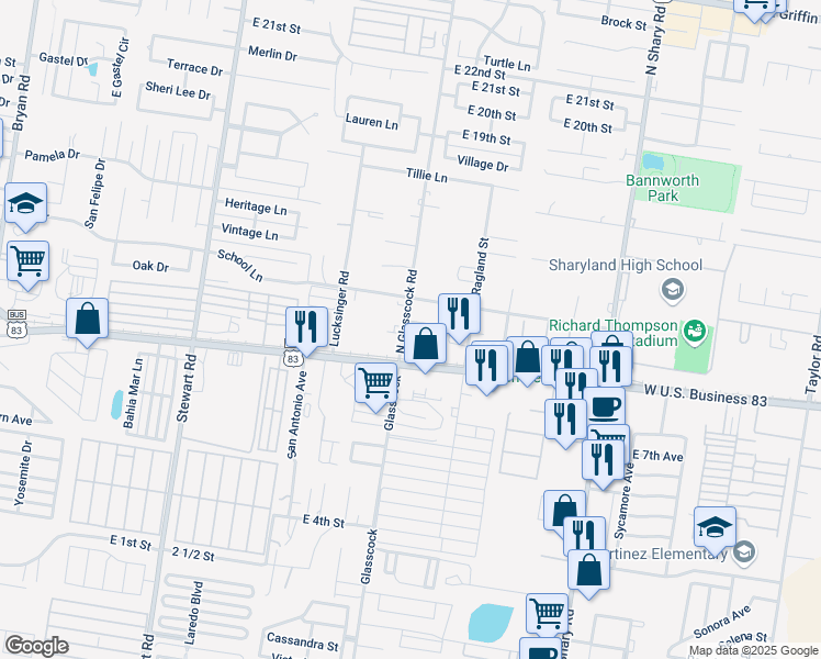 map of restaurants, bars, coffee shops, grocery stores, and more near 1006 N Glasscock Rd in Mission