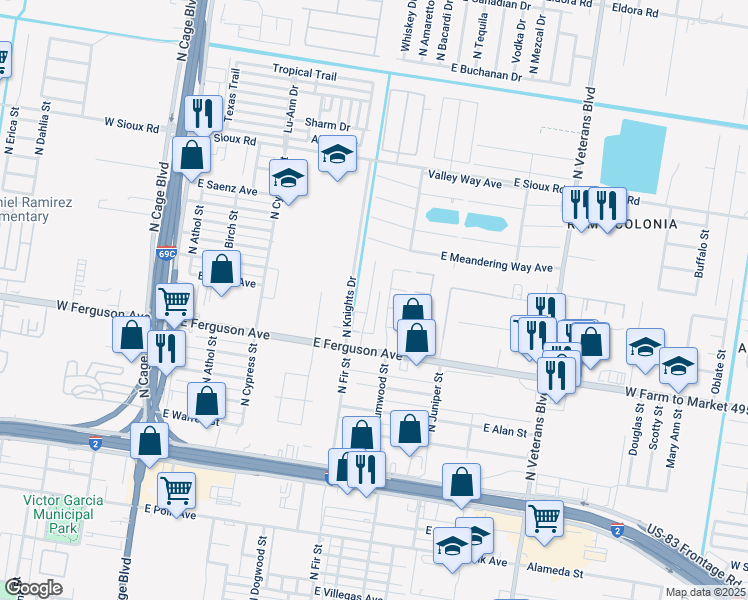 map of restaurants, bars, coffee shops, grocery stores, and more near 2302 Friday Avenue in Pharr