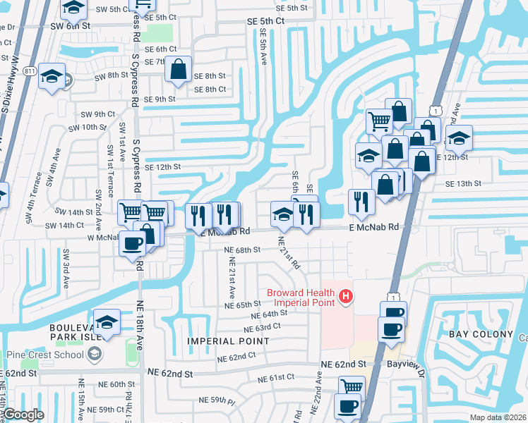 map of restaurants, bars, coffee shops, grocery stores, and more near 531 Southeast 14th Street in Pompano Beach