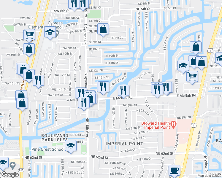 map of restaurants, bars, coffee shops, grocery stores, and more near 1360 Southeast 3rd Terrace in Pompano Beach