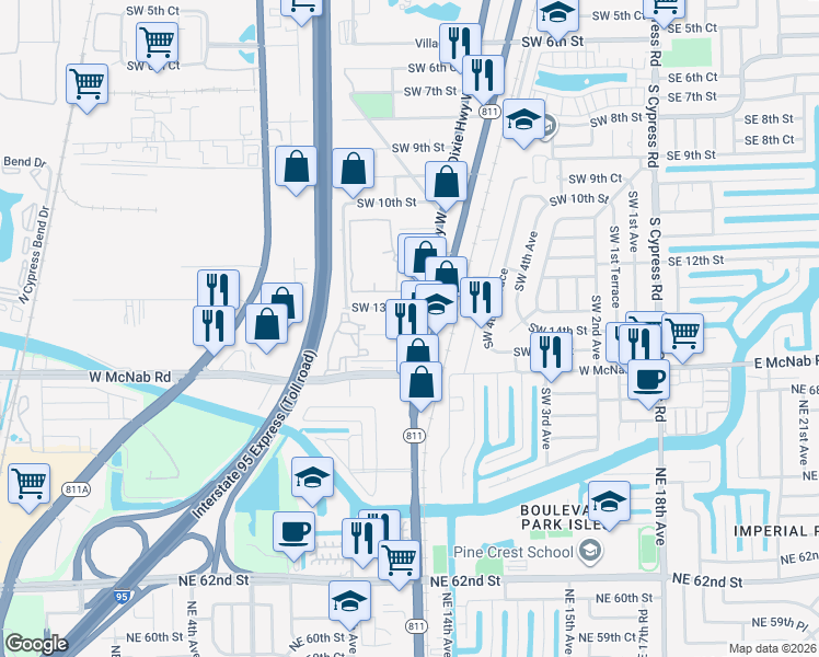 map of restaurants, bars, coffee shops, grocery stores, and more near 771 Southwest 14th Street in Pompano Beach
