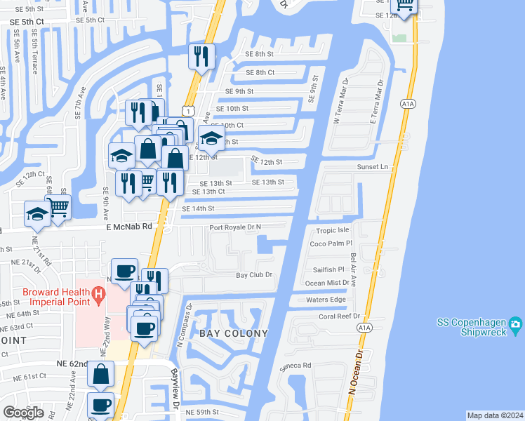 map of restaurants, bars, coffee shops, grocery stores, and more near 2634 Southeast 14th Street in Pompano Beach