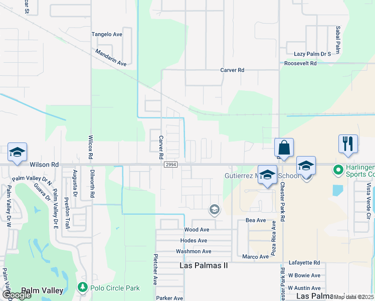 map of restaurants, bars, coffee shops, grocery stores, and more near 2015 Ellie Ln in Harlingen