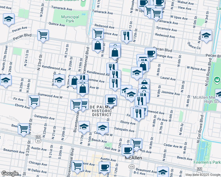 map of restaurants, bars, coffee shops, grocery stores, and more near 901 North Main Street in McAllen