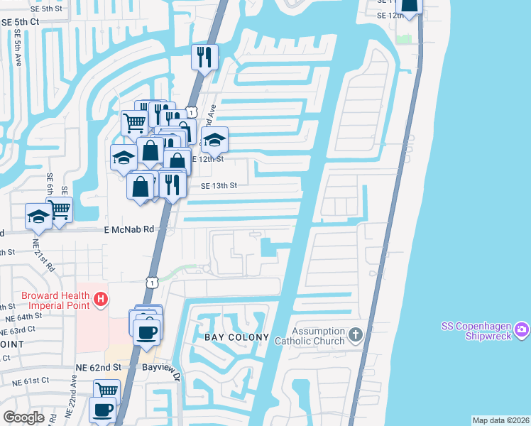 map of restaurants, bars, coffee shops, grocery stores, and more near 2634 Southeast 14th Street in Pompano Beach