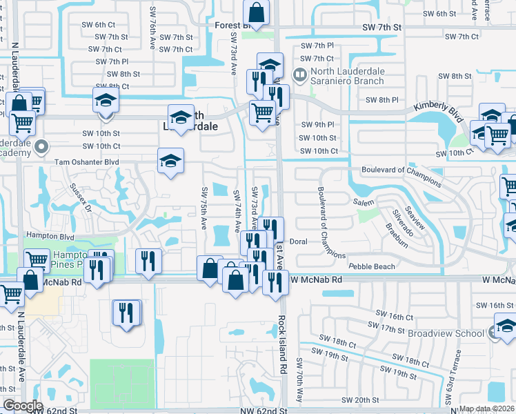 map of restaurants, bars, coffee shops, grocery stores, and more near 1250 Southwest 73rd Avenue in North Lauderdale