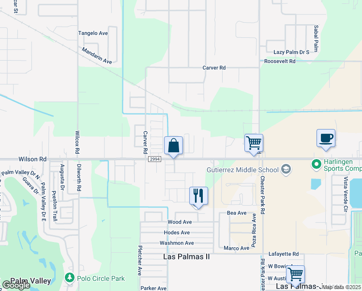map of restaurants, bars, coffee shops, grocery stores, and more near 2015 Ellie Lane in Harlingen