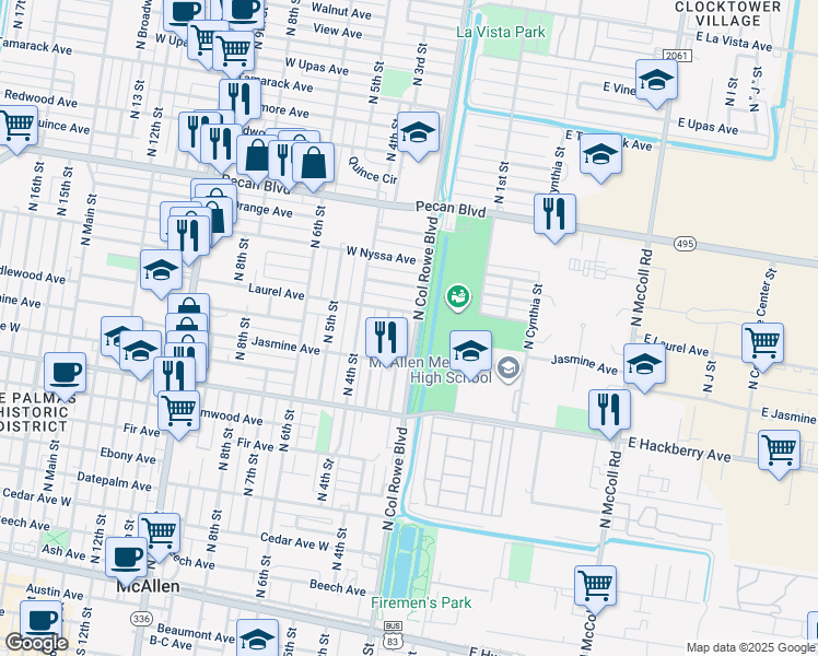 map of restaurants, bars, coffee shops, grocery stores, and more near 1109 North Col Rowe Boulevard in McAllen