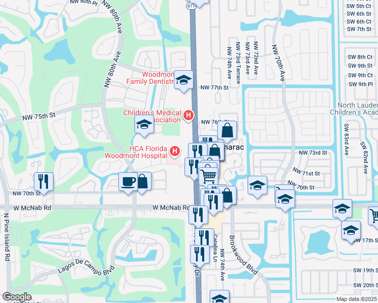 map of restaurants, bars, coffee shops, grocery stores, and more near 7301 North University Drive in Tamarac