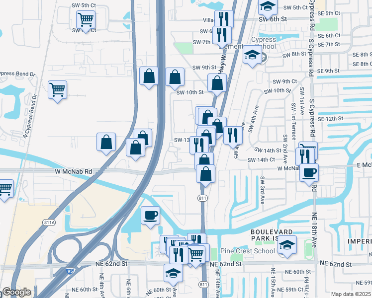map of restaurants, bars, coffee shops, grocery stores, and more near 861 Southwest 14th Street in Pompano Beach