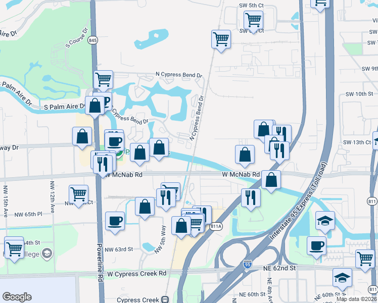 map of restaurants, bars, coffee shops, grocery stores, and more near 2200 South Cypress Bend Drive in Pompano Beach