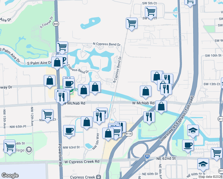map of restaurants, bars, coffee shops, grocery stores, and more near 2200 South Cypress Bend Drive in Pompano Beach
