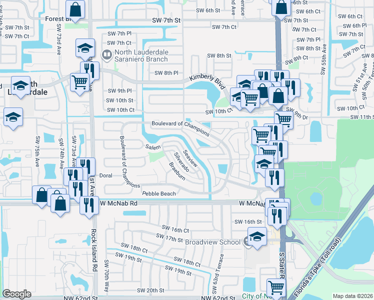 map of restaurants, bars, coffee shops, grocery stores, and more near 1308 Seaview in North Lauderdale