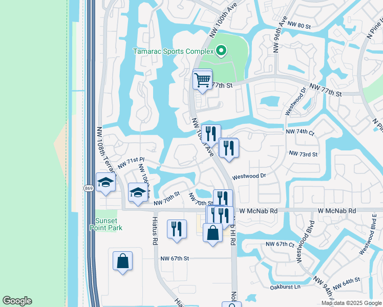 map of restaurants, bars, coffee shops, grocery stores, and more near 7164 Ashmont Circle in Tamarac