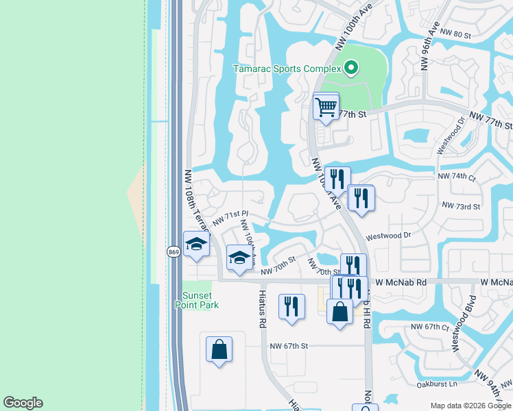 map of restaurants, bars, coffee shops, grocery stores, and more near 6470 Fairfax Drive in Tamarac