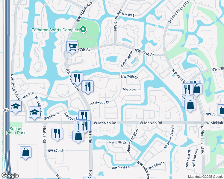 map of restaurants, bars, coffee shops, grocery stores, and more near 9745 Malvern Drive in Tamarac