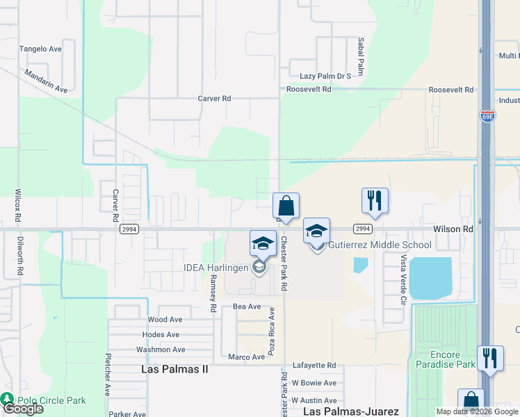 map of restaurants, bars, coffee shops, grocery stores, and more near 16631 Wilson Rd in Harlingen