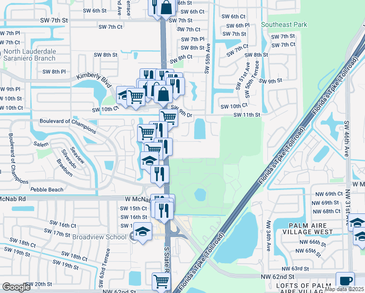 map of restaurants, bars, coffee shops, grocery stores, and more near 5600 Southwest 12th Street in North Lauderdale