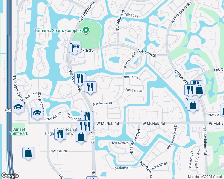 map of restaurants, bars, coffee shops, grocery stores, and more near 9745 Malvern Drive in Tamarac