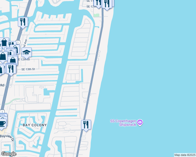 map of restaurants, bars, coffee shops, grocery stores, and more near 1470 South Ocean Boulevard in Pompano Beach