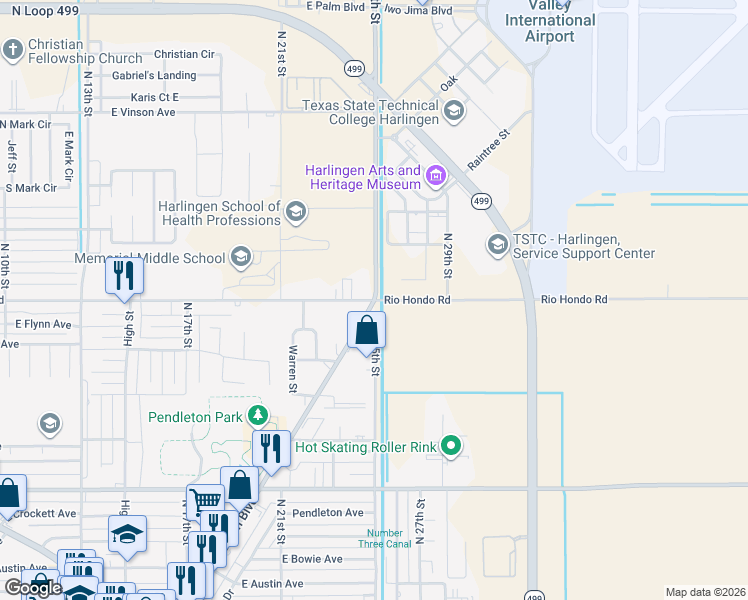 map of restaurants, bars, coffee shops, grocery stores, and more near 2001 Rio Hondo Road in Harlingen