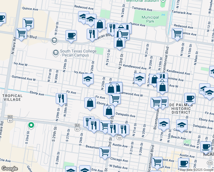 map of restaurants, bars, coffee shops, grocery stores, and more near 2405 West Hackberry Avenue in McAllen
