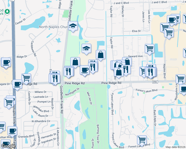 map of restaurants, bars, coffee shops, grocery stores, and more near 1495 Pine Ridge Road in Naples