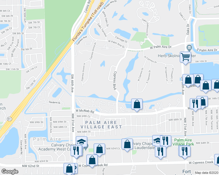 map of restaurants, bars, coffee shops, grocery stores, and more near 821 Cypress Boulevard in Pompano Beach