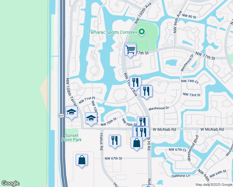 map of restaurants, bars, coffee shops, grocery stores, and more near 7723 Ashmont Circle in Tamarac