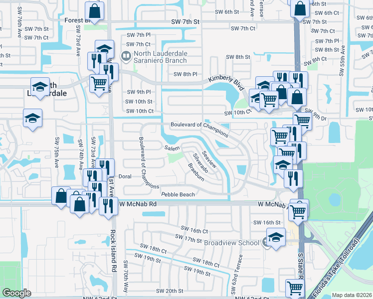 map of restaurants, bars, coffee shops, grocery stores, and more near 1205 Silverado in North Lauderdale