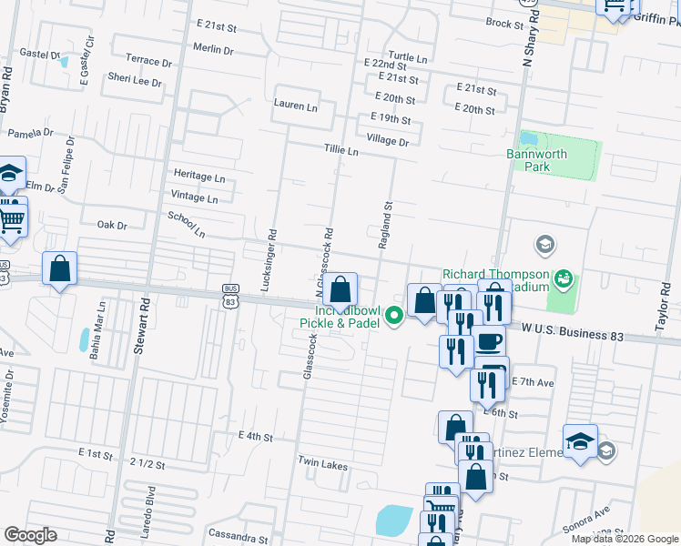 map of restaurants, bars, coffee shops, grocery stores, and more near 1006 North Glasscock Road in Mission