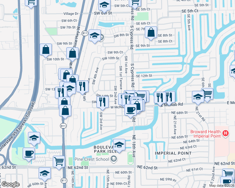 map of restaurants, bars, coffee shops, grocery stores, and more near 181 Southwest 14th Street in Pompano Beach