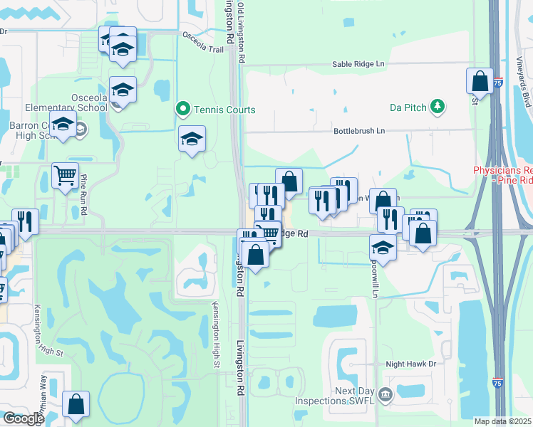 map of restaurants, bars, coffee shops, grocery stores, and more near 3369 Pine Ridge Road in Naples