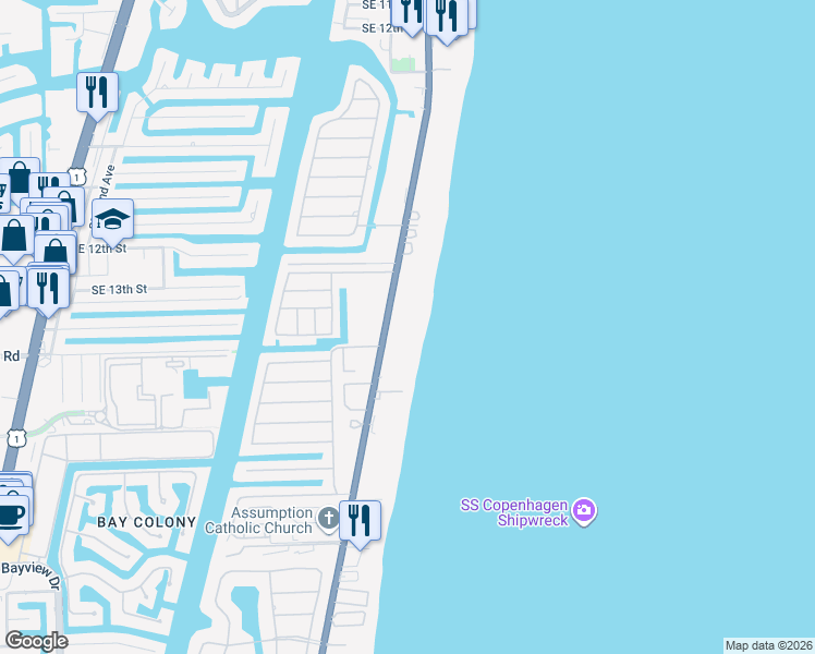 map of restaurants, bars, coffee shops, grocery stores, and more near 1470 South Ocean Boulevard in Pompano Beach
