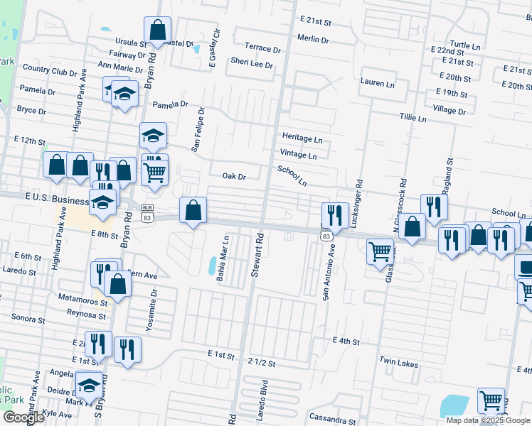 map of restaurants, bars, coffee shops, grocery stores, and more near 1002 North Stewart Road in Mission
