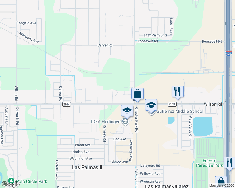 map of restaurants, bars, coffee shops, grocery stores, and more near 16631 Wilson Rd in Harlingen