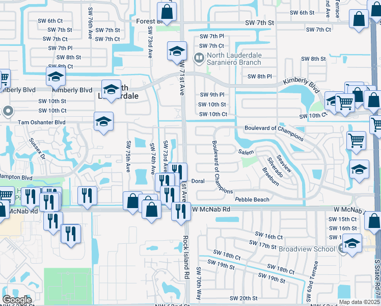 map of restaurants, bars, coffee shops, grocery stores, and more near 1205 Oakmont in North Lauderdale