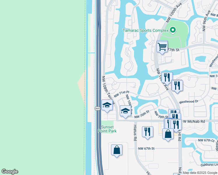 map of restaurants, bars, coffee shops, grocery stores, and more near 10775 W Clairmont Cir in Tamarac