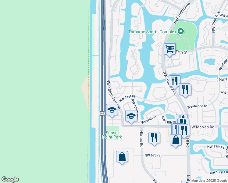 map of restaurants, bars, coffee shops, grocery stores, and more near 10869 West Clairmont Circle in Fort Lauderdale