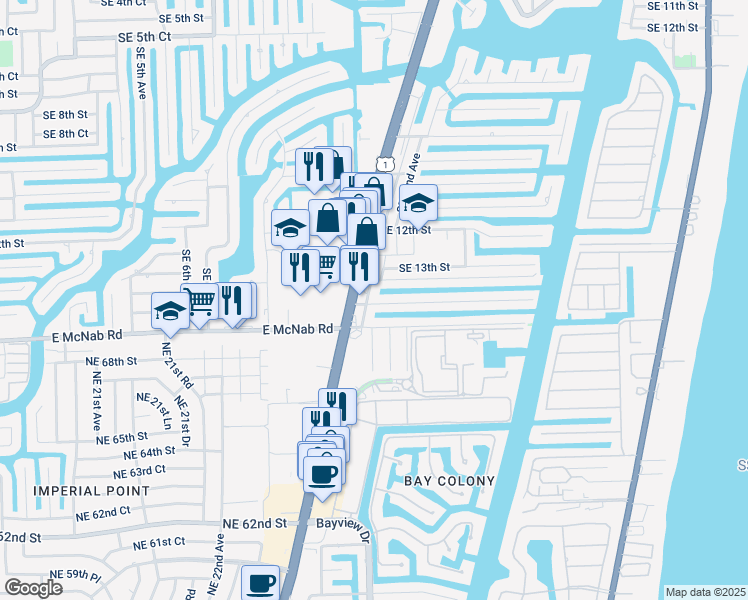 map of restaurants, bars, coffee shops, grocery stores, and more near 1390 South Federal Highway in Pompano Beach