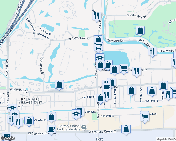map of restaurants, bars, coffee shops, grocery stores, and more near 4002 South Cypress Lane in Pompano Beach
