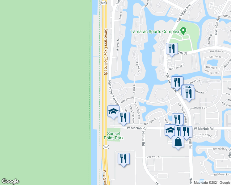 map of restaurants, bars, coffee shops, grocery stores, and more near 10775 West Clairmont Circle in Tamarac