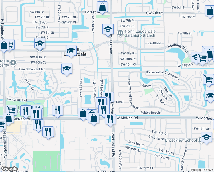 map of restaurants, bars, coffee shops, grocery stores, and more near 1250 Southwest 73rd Avenue in North Lauderdale