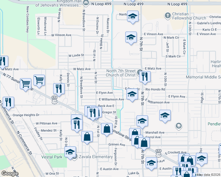 map of restaurants, bars, coffee shops, grocery stores, and more near 2001-2055 North 3rd Street in Harlingen