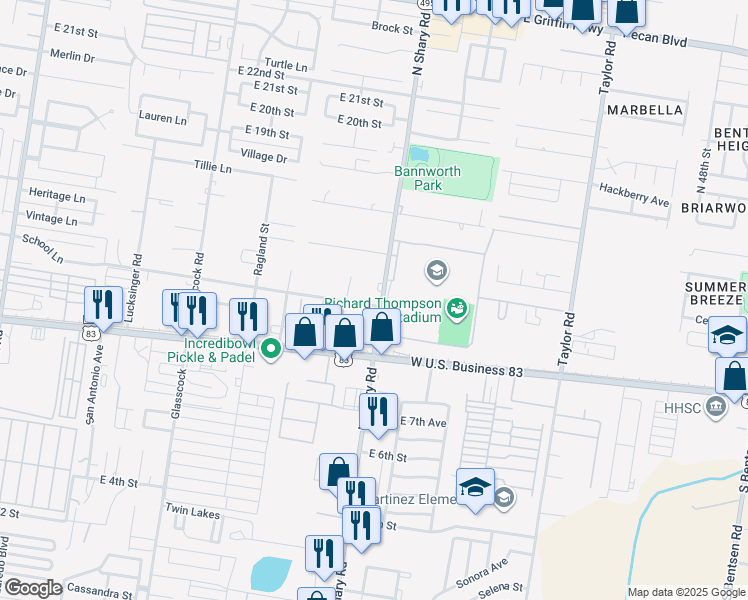 map of restaurants, bars, coffee shops, grocery stores, and more near 2225 School Lane in Mission